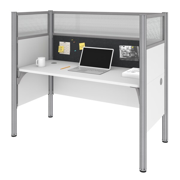 Bestar Pro-Biz 63W Single Office Cubicle with Gray Tack Board and High Privacy Panels in white